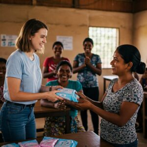 Jovem entregando kits de higiene menstrual para mulheres em situação de vulnerabilidade em centro comunitário. Apoiando a Saúde Reprodutiva e os Direitos Menstruais