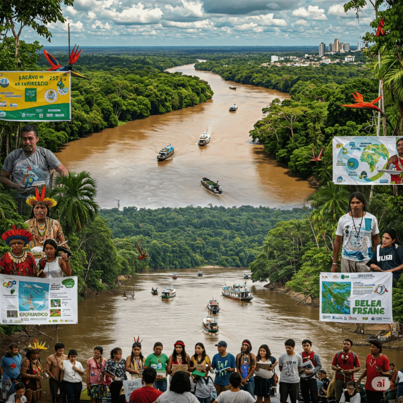 Vista aérea de Belém, destacando a floresta amazônica e pessoas se reunindo para a COP30, simbolizando união e preservação ambiental. COP30 em Belém: Oportunidades e Contradições