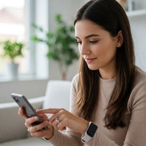  Mulher usando anel inteligente, verificando dados de saúde em seu smartphone, representando tecnologia e autocuidado.