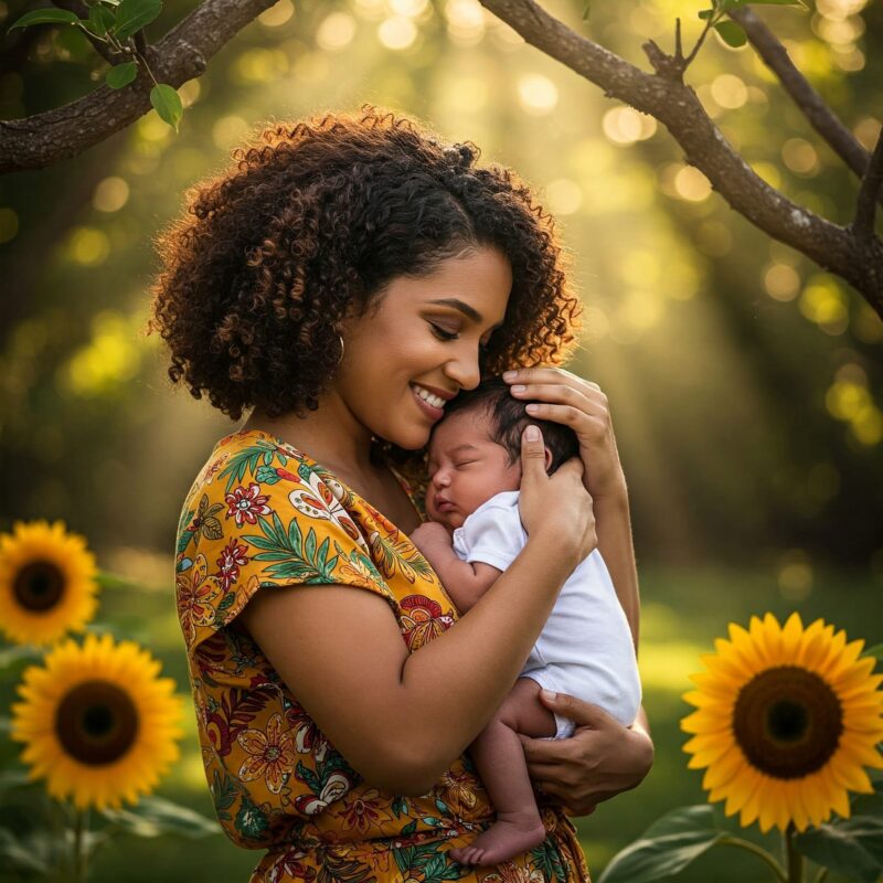 Mãe segurando seu filho com amor, cercada por luz suave e elementos naturais que simbolizam crescimento e propósito, refletindo a jornada de superação e fé na maternidade.