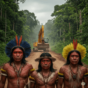 Líderes indígenas resistindo à construção de estradas ilegais, protegendo suas terras na Amazônia. COP30 em Belém: Histórias de Resistência Ambiental