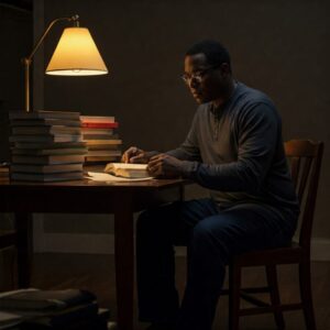 Homem lendo à noite com livros empilhados e expressão de esforço calmo, em ambiente com iluminação quente. Representado a A importância da perseverança para desenvolver o hábito de leitura