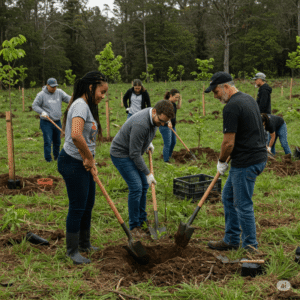 Pessoas plantando árvores em uma área desmatada, simbolizando esforços para reduzir os impactos regionais das mudanças climáticas. 