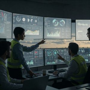 Engenheiros analisando dados em uma sala de controle, promovendo a eficiência energética e a sustentabilidade digital.