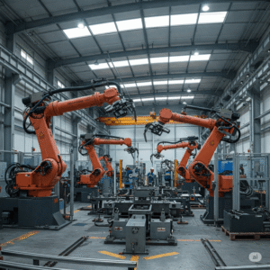Robôs industriais em uma fábrica moderna, realizando tarefas pesadas enquanto humanos monitoram a segurança.