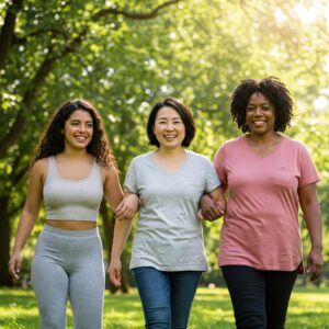Mulheres de diferentes idades e etnias caminhando juntas em um parque, expressando confiança e união.
