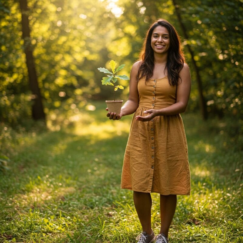 “Mulher segurando muda de árvore em floresta, simbolizando sustentabilidade e cuidado com o meio ambiente.”
