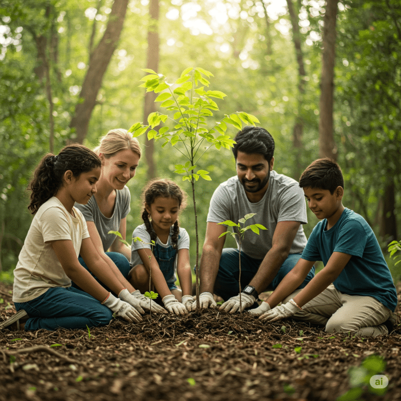 Família plantando árvores em um ambiente natural, representando o cuidado cristão com a criação e a preservação do meio ambiente.