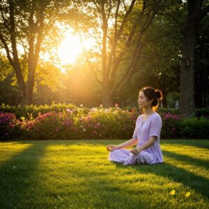 Pessoa meditando em parque ao entardecer, destacando a relação entre natureza e bem-estar mental.”