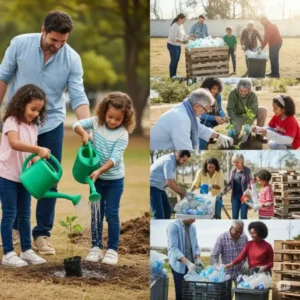 Pessoas de diferentes idades e etnias trabalhando juntas para cuidar da criação, plantando árvores e limpando o meio ambiente.