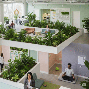  Profissionais relaxando e interagindo em um ambiente de trabalho saudável, com áreas verdes e espaços para descanso.