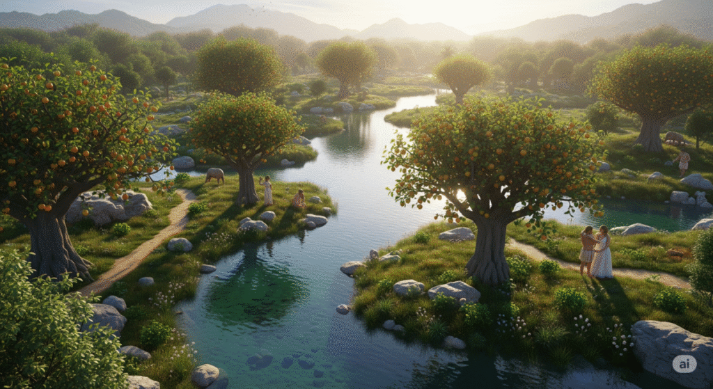 Homem cultivando a terra em um ambiente equilibrado no Jardim do Éden – modelo bíblico de sustentabilidade.