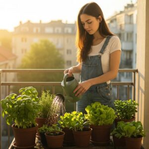 “Pessoa regando horta caseira na varanda, ilustrando atitudes sustentáveis no dia a dia.” Caminhos Práticos para Viver com Mais Consciência Ecológica