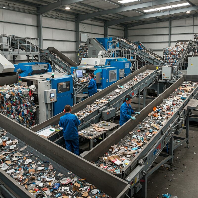 Pessoas trabalhando em uma linha de reciclagem, transformando materiais em novos produtos, representando o conceito de economia circular.