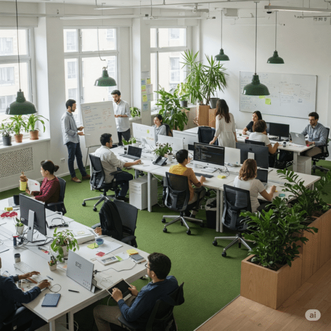 Inovando no trabalho. Profissionais relaxando e interagindo em um ambiente de trabalho moderno e acolhedor, cercados por plantas e áreas de descanso.
