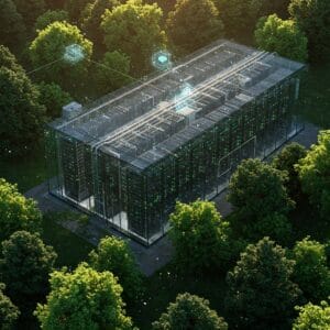 Data centers rodeados por vegetação, simbolizando a sustentabilidade digital e a eficiência energética.