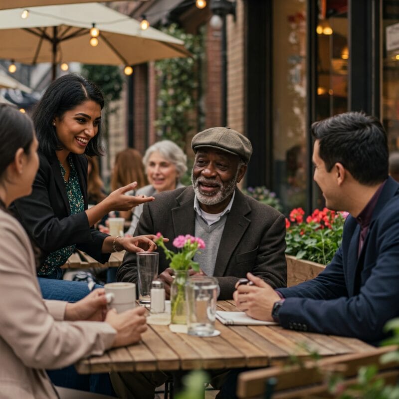 Pessoas conversando em um parque, sorrindo e demonstrando empatia."