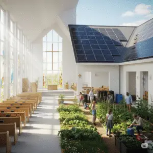 Igreja cristã com horta comunitária e sistemas sustentáveis, representando práticas de mordomia cristã e desenvolvimento sustentável.