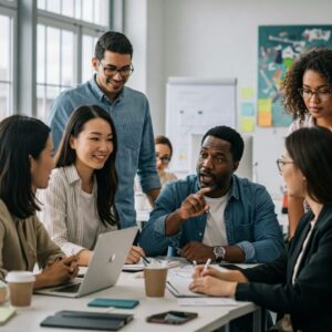 Grupo diverso em um ambiente de trabalho colaborativo, com olhares atentos e expressões de interesse. A cena destaca a escuta ativa, respeito mútuo e troca de ideias, simbolizando a inteligência social no contexto profissional.