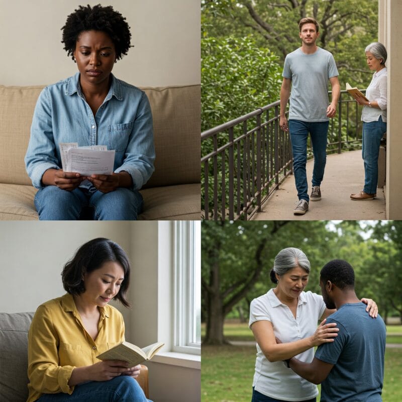 Quatro pessoas em diferentes situações: uma mulher com expressão preocupada segurando uma carta, um homem caminhando com olhar esperançoso, uma mulher lendo perto da janela e um homem oferecendo apoio a um amigo em uma praça. A imagem representa momentos visíveis de superação e resiliência.