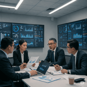 O uso da Inteligência artificial nas decisões da empresa. Executivos analisando gráficos e dados em uma sala de conferências com telas digitais. Pessoas de diferentes idades e etnias, simbolizando diversidade de perspectivas.