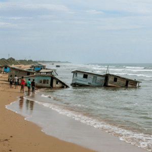  Comunidade costeira com casas próximas ao mar, ondas avançando sobre a costa, simbolizando os impactos das mudanças climáticas em regiões insulares. 