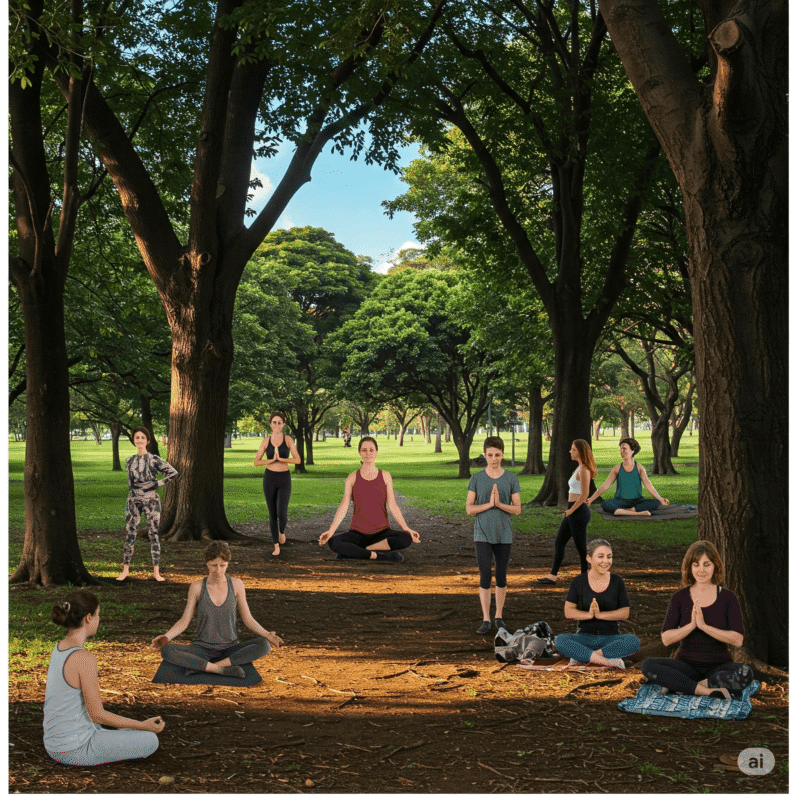 Pessoas aproveitando a natureza para cuidar da saúde mental e bem-estar integral, em um ambiente tranquilo e acolhedor. Representado a Saúde Mental e Bem estar integral.