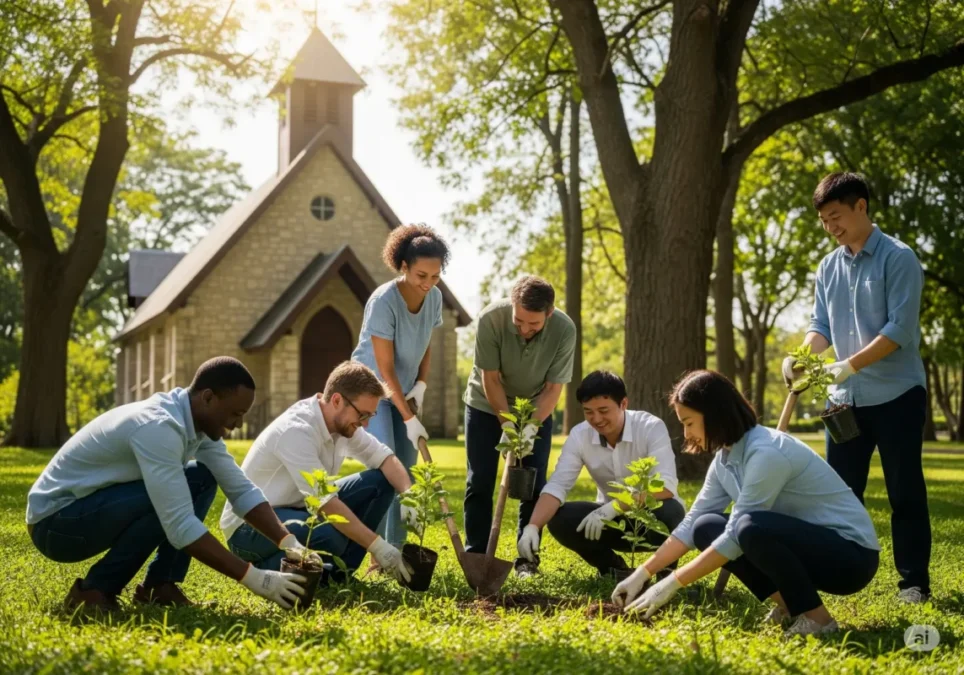 Comunidade cristã diversa plantando árvores, representando a união entre fé, mordomia cristã e desenvolvimento sustentável.