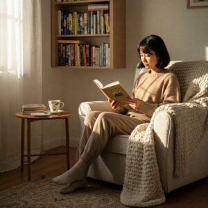 Sala de leitura aconchegante com poltrona, livros e luz suave; mulher lendo em silêncio com aparência calma. 