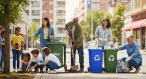 Pessoas praticando ações sustentáveis como reciclagem, plantio e educação ambiental – vivência da fé cristã na prática.