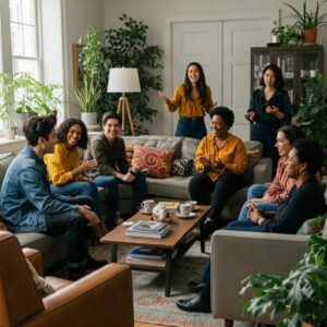 Grupo de pessoas conversando em uma sala aconchegante, com expressões de confiança e acolhimento, simbolizando a importância da inteligência social para a saúde mental.
