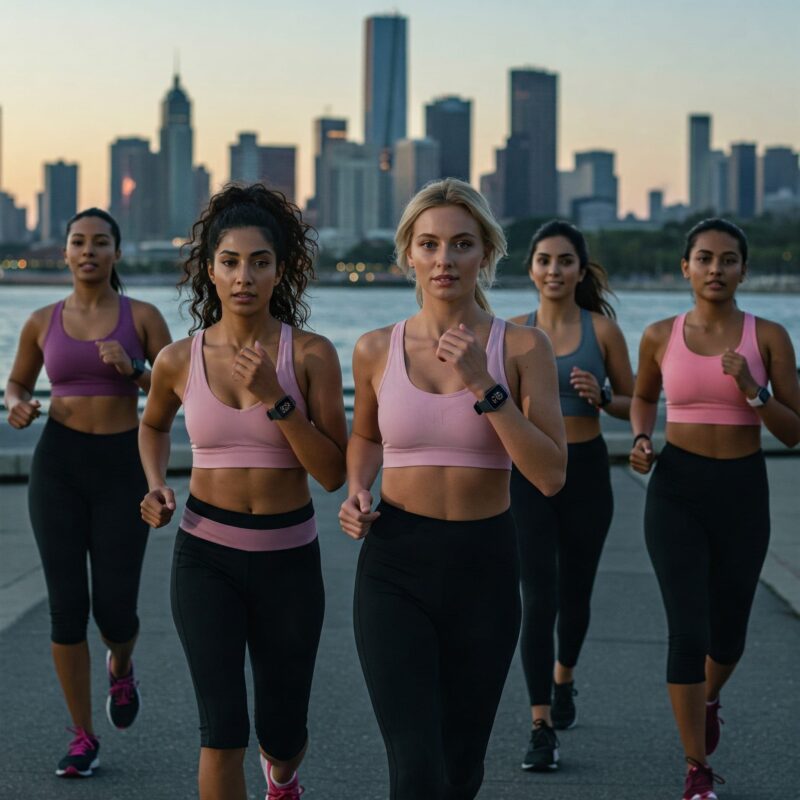 Mulheres usando dispositivos vestíveis, interagindo em um ambiente moderno, representando saúde e tecnologia.