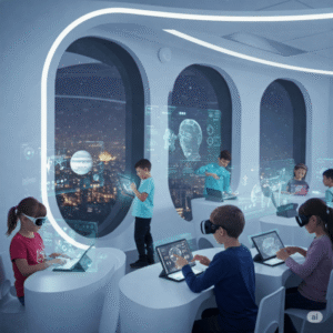 Aprimoramento da Educação. Crianças de várias idades usando tablets e dispositivos de realidade aumentada em uma sala de aula futurista, com hologramas educativos projetados ao redor.