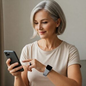 Mulher usando dispositivos vestíveis para monitorar sinais vitais, promovendo saúde contínua. 