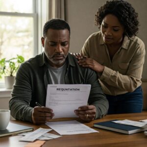 Homem pardo olhando preocupado para uma carta de demissão, com mulher negra ao lado oferecendo apoio. A imagem ilustra o impacto emocional da perda do emprego, tema abordado no artigo sobre resiliência em tempos de incerteza. 