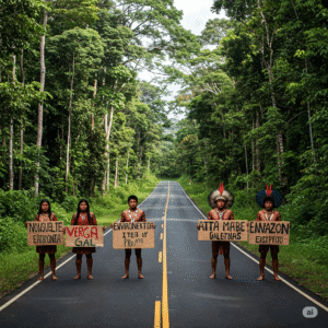 Estrada atravessando a floresta amazônica, com comunidades indígenas protegendo suas terras e simbolizando resistência.