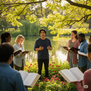 Grupo cristão estudando a Bíblia ao ar livre, refletindo sobre mordomia cristã e sustentabilidade.