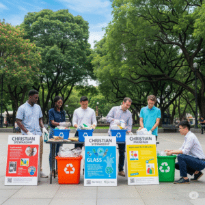 Comunidade cristã realizando campanha de reciclagem, simbolizando mordomia cristã e responsabilidade ambiental.