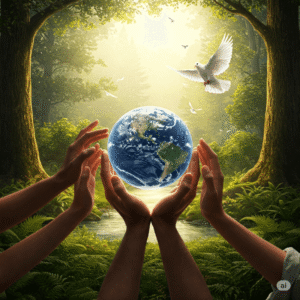 Mãos cuidadosas segurando o planeta Terra, simbolizando a conexão entre fé cristã e ecologia, com fundo de floresta iluminada pelo sol.