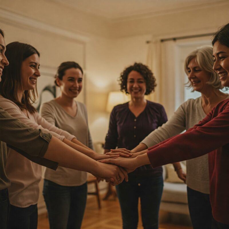 Mulheres de diferentes idades e etnias em círculo, segurando as mãos e sorrindo em sinal de apoio mútuo.