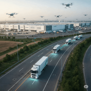 Otimização da Logística e Transporte. Caminhões autônomos em uma rodovia, com drones de entrega voando acima e centros logísticos conectados em segundo plano.