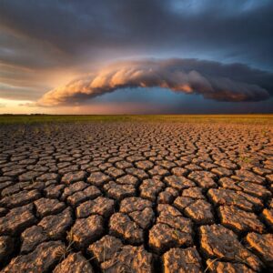 Paisagem rural com solo rachado e tempestade ao fundo, representando os efeitos extremos das mudanças climáticas." Mudanças Climáticas: Entenda o Que Está Acontecendo