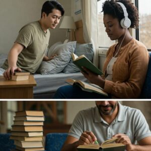 Como começar o hábito de leitura na prática. Três pessoas realizando ações relacionadas à leitura.