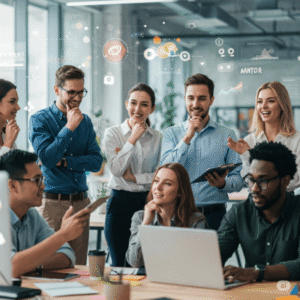 Profissionais discutindo estratégias para superar desafios em um ambiente corporativo, cercados por gráficos e ideias. 