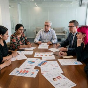 Profissionais de diferentes origens em reunião, discutindo políticas para saúde menstrual, com gráficos e documentos sobre a mesa.