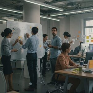  Equipe diversa planejando estratégias e explorando ideias para inovação em um ambiente colaborativo.