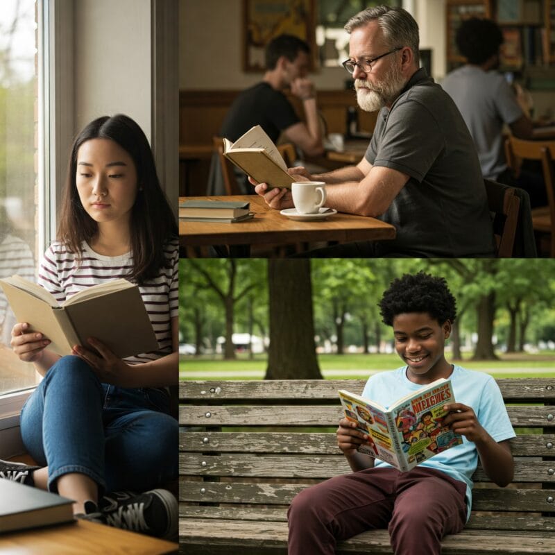 Pessoas de diferentes idades concentradas na leitura em locais variados, como janela, cafeteria e praça, cada uma segurando um livro aberto.