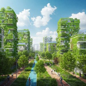 Cidade sustentável com telhados verdes, painéis solares e ciclovias, representando tecnologias verdes e urbanismo ecológico." Sustentabilidade e Meio Ambiente