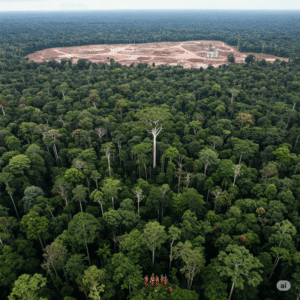 Vista panorâmica da floresta amazônica, com indígenas observando a preservação de suas terras.