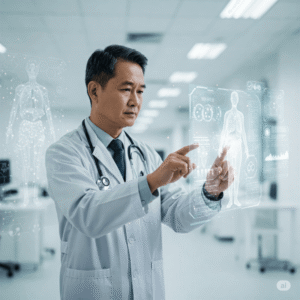 Inteligência artificial na medicina. Médico usando tecnologia de inteligência artificial para diagnosticar pacientes em um hospital moderno, com hologramas médicos ao fundo.